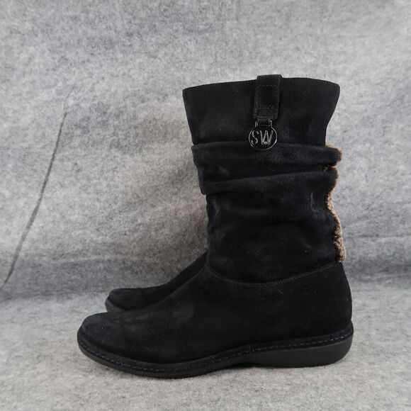 Stuart Weitzman Shoes Womens 7.5 Slouch Boot Short Leather Pull On Black Classic - Picture 3 of 16